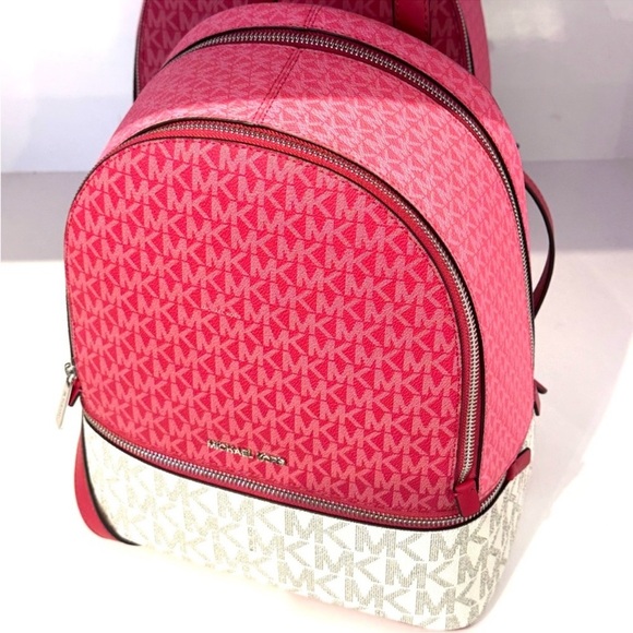 Michael Kors Rhea Medium Color-Block Signature Logo Backpack Dark Rasberry Multi - Picture 8 of 11